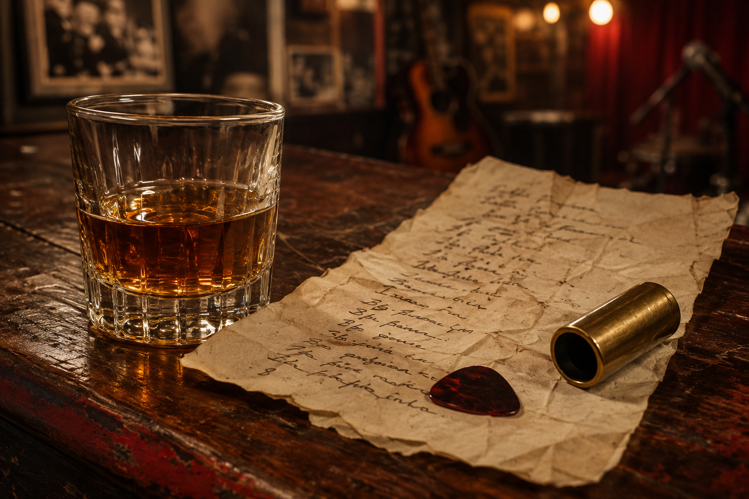 Whiskey, a set list, and a guitar pick on a roadhouse bar top